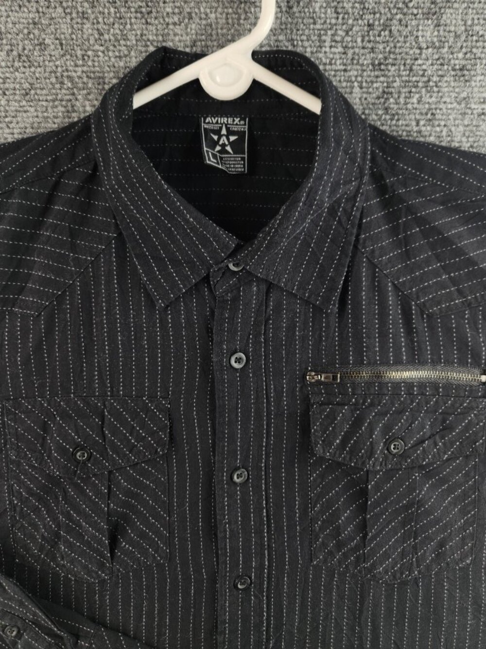 Avirex Black Striped Large Cotton Blend Button Up Shirt Zip Pocket Long Sleeve